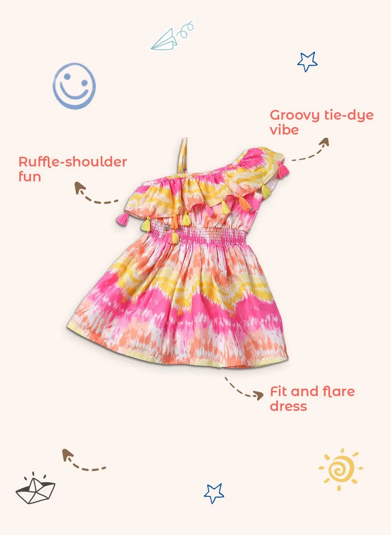 Girls' Cotton Blend One-shoulder Multicolour Abstract Tie-dye Print Fit & Flare Smocked Dress